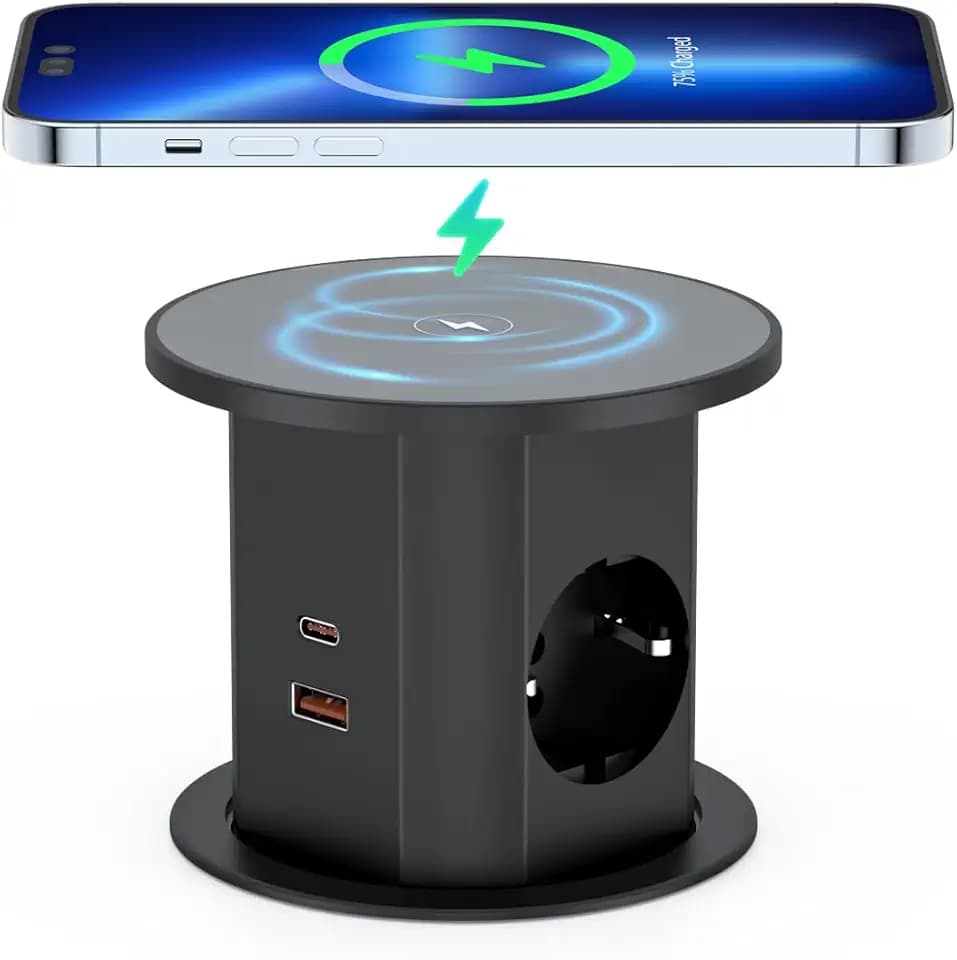 Versenkbare Steckdose 7-in-1, 2 Schuko, 2× USB-C PD 20W, 2× USB-A 18W, 15W Kabelloses Laden, Ø85 mm Einbausteckdose für Schreibtisch & Arbeitsplatte (Schwarz)