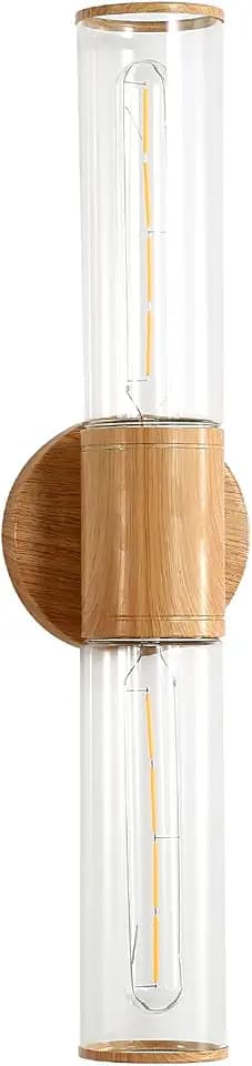 Bathroom Vanity Lighting Fixture, 2-Light Wood Grain Wall Sconce Light Fixture with Clear Glass, E26 Socket Indoor Wall Lamp, Modern Wall Sconce for Mirror Living Room