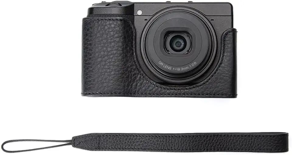 GR3 Vintage Genuine Leather Camera Case, Half-Wrap Leather Camera Protector for Ricoh GRIII(Black Combination Set)
