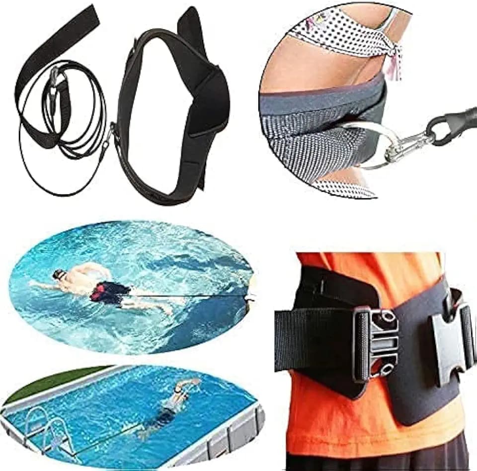 Upgrade Style - Strong Pool Swim Training Leash and Belt - Wide Comfortable Waist, Double Bungee Rope, Metal Buckle