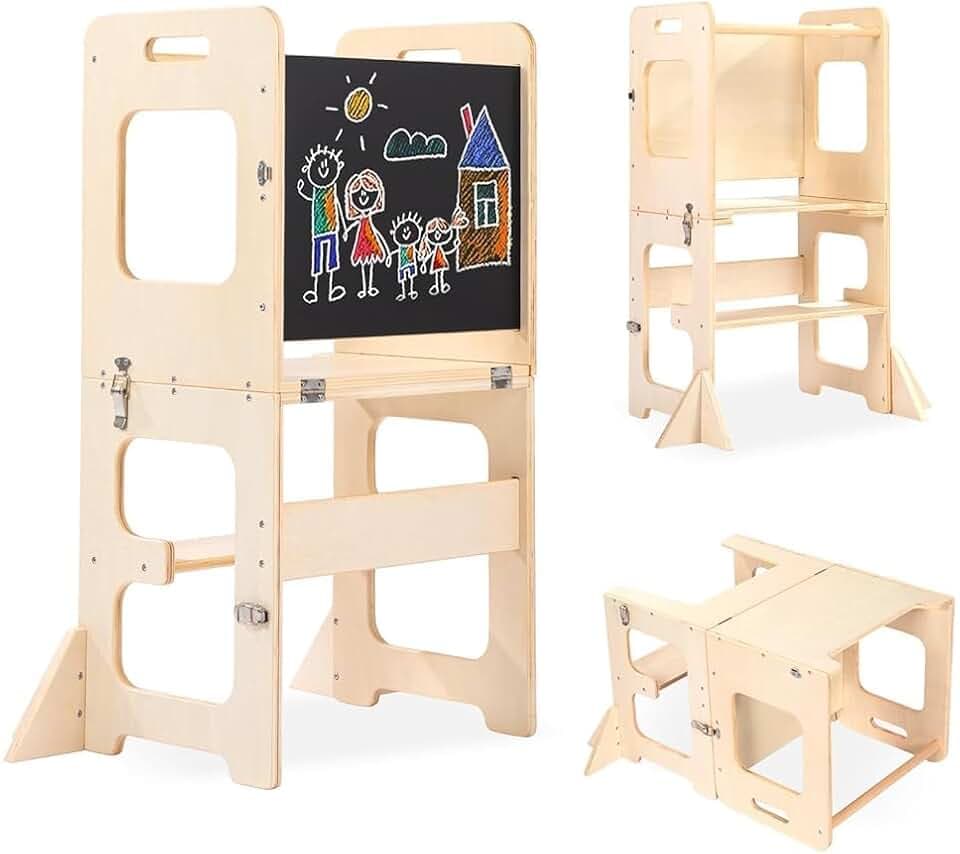 Labebe Lernturm für Kinder, Faltbarer Montessori Learning Tower, 3 in 1 Tritthocker Lernstuhl Kinderhocker mit Tafel, Montessori Küchenhelfer Lernturm ab 18 Monate (Holz)