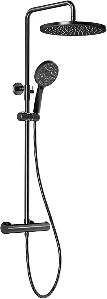 Rainsworth Duschsystem mit Thermostat Schwarz 30cm Rund Regendusche