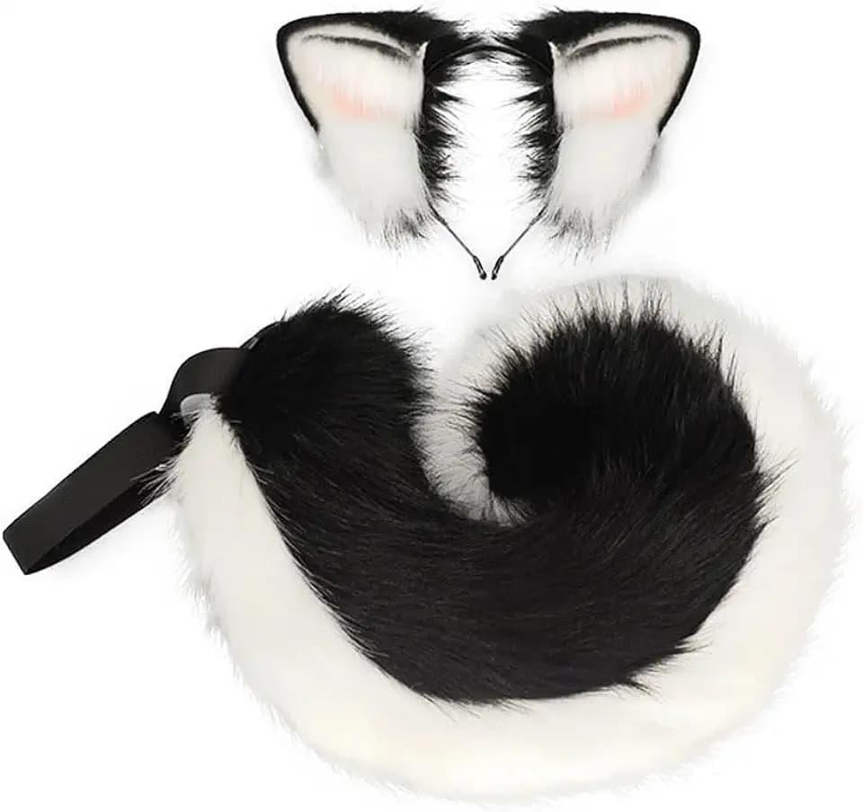 Dog Ears & Tail Cosplay Set Animal Ears Headband Tail with Detachable Waist Strap for Halloween Costume Parties