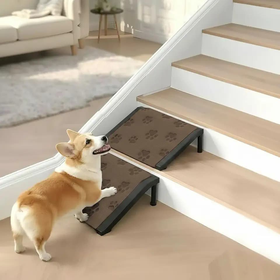 Dog Ramp for Stairs, Heavy Duty Metal Frame Non-Slip Pet Ramp with Sponge Padding Surface, 200 lbs Capacity, Safe Climbing for Small, Senior & Short-Legged Dogs (Coffee-paw-2 Pack)