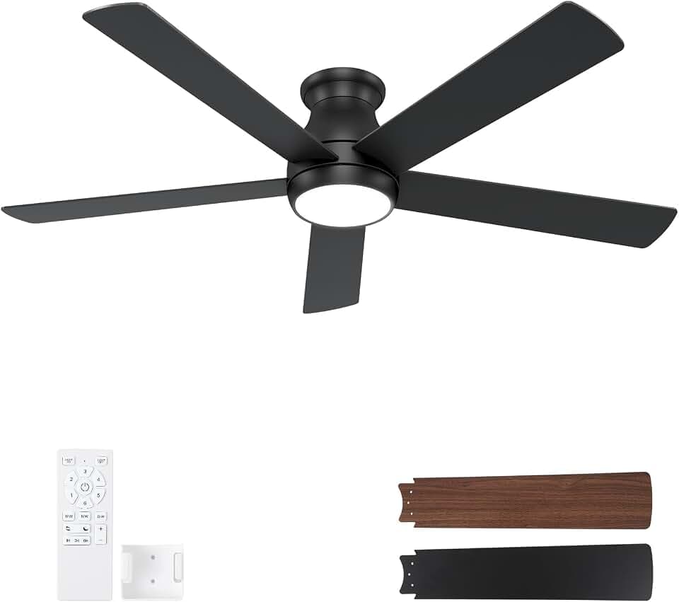 POCHFAN 60 Inch Black Ceiling Fans with Lights and Remote, LED Low Profile Flush Mount Ceiling Fan for Bedroom, Living Room, Quiet DC Motor, Dimmable 6 Speeds