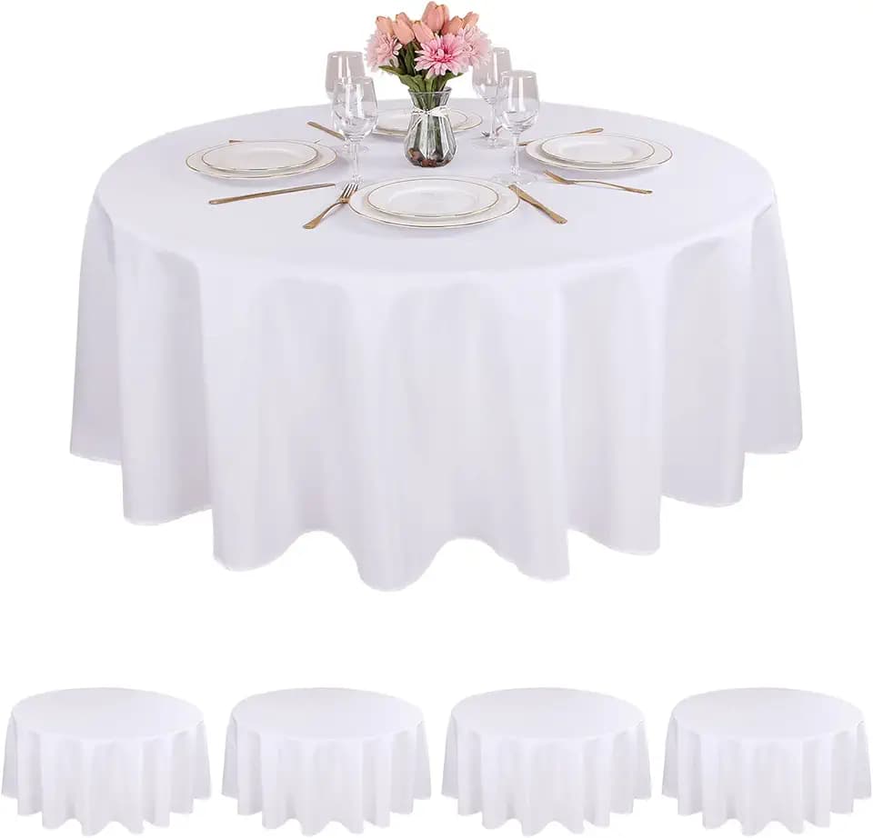 Kesfey 4 Packs Round Tablecloth 70 Inches White Polyester Table Cloths Stain and Wrinkle Resistant Tablecloths for Round Tables Washable Circle Fabric Tablecovers for Wedding Camping Banquet Parties