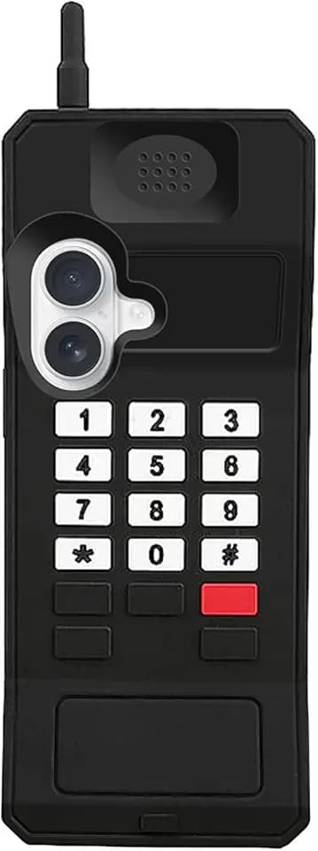 UnnFiko 3D Silicone Case Compatible with iPhone 16, Retro Classic Creative Soft Rubber Bumper Cover Cool Fun Thick Protective Stand Case (Retro Cellphone Black, iPhone 16)