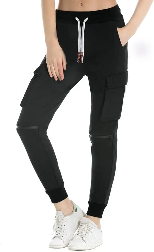 Extreme Pop Damen Jogginghose aus Reiner Baumwolle Slim Fit Jogger French Terry Knit Cargo Pants Farben Schwarz Grau Blau XS-XXL