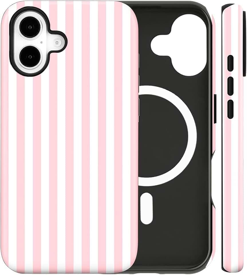 Magnetic for iPhone 16 Case Cute Stripes Phone Case, Pink&White