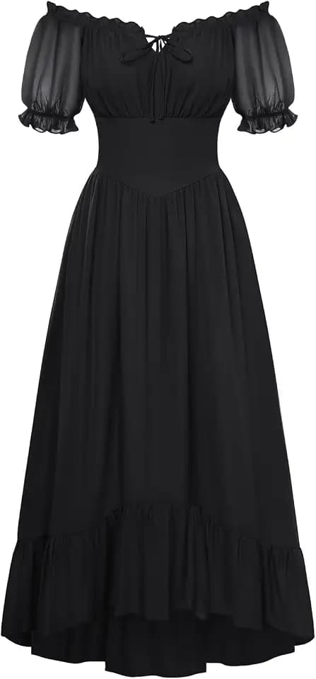 SCARLET DARKNESS Damen Renaissance A-Linie Kleid Schulterfrei Langarm Gesmokte Taille Gestreifte Lange Maxikleider mit Taschen