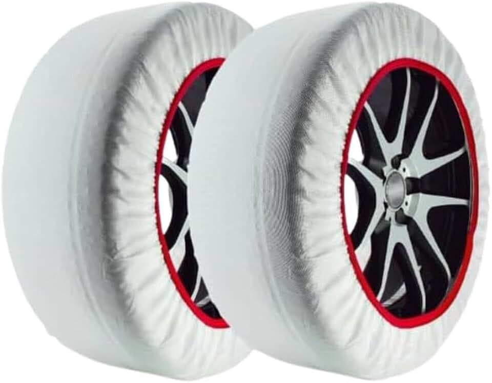 Start Set mit 2 weißen Schneesocken | Größe M | EN 16662-1 geprüft | aus Stoff | Geeignet für Autos, SUVs und Nutzfahrzeuge | Radschutz | Einfache Montage | Reifengröße innen