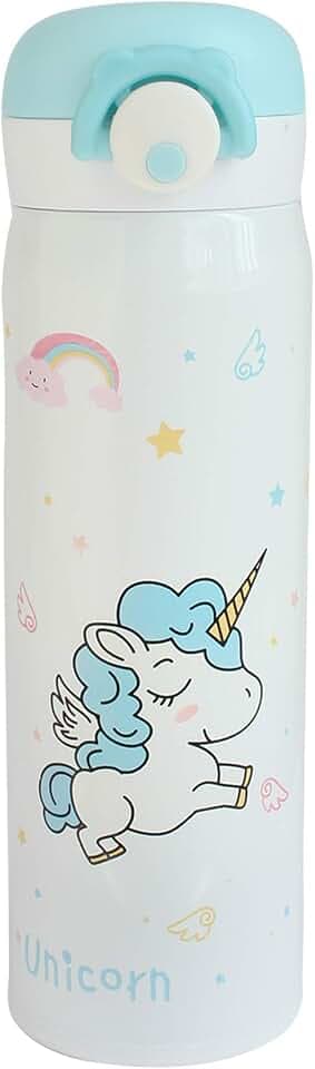 Emartbuy 500 ml Einhorn Fliptop Spring öffnen Auslaufsicher Rostfreier Stahl Vakuumisoliert Heiß & Kalt Flaschen Wasserflasche Kinder Nett Cool - Weiß