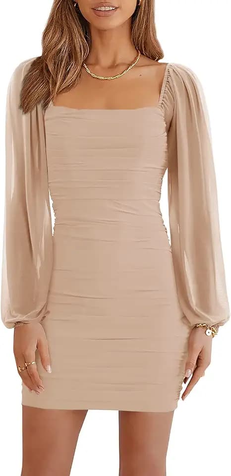 Wenrine Damen Kleider Party Cocktail Club Bodycon Kleid Hochzeitsgast Mesh Langarm Square Neck Minikleid Slim Fit