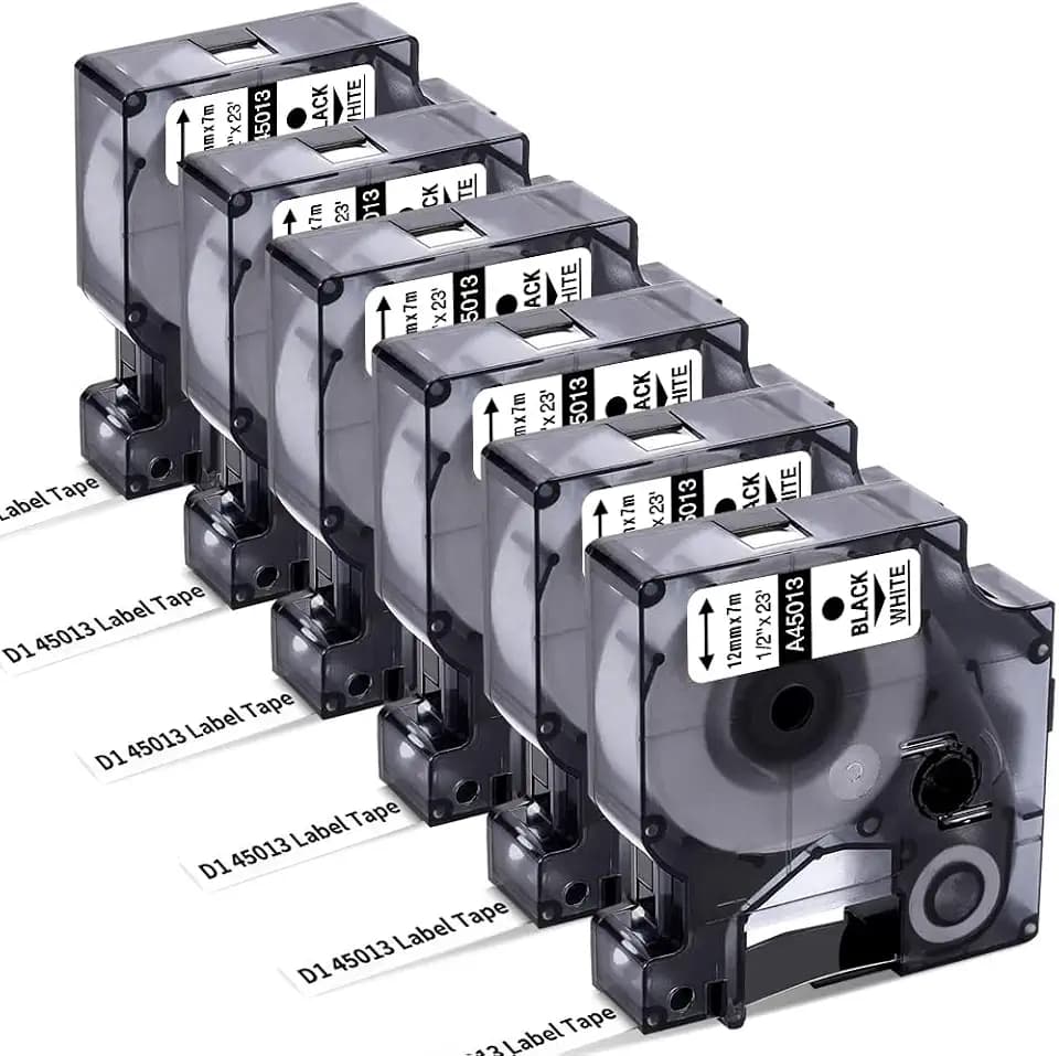 6-Pack Replace for DYMO D1 Label Tape 45013 Black on White 1/2 Inch x 23 Ft