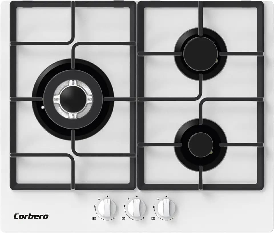 Corberó CPCGM3F3126 W | Leistung 6,05 kW | 3 Zonen | Wok-Zone | automatische Zündung | Schutzschicht Clean+ | automatische Abschaltung | weißes Glas