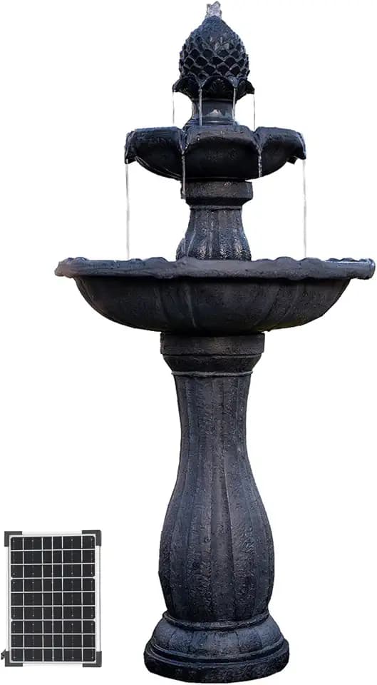 XBrand 44" Solar Water Fountain Outdoor, 2-Tier Garden Fountain with Solar Panel, Fiberglass Resin Water Feature, Auto Shut-Off Pump for Patio Yard, Black