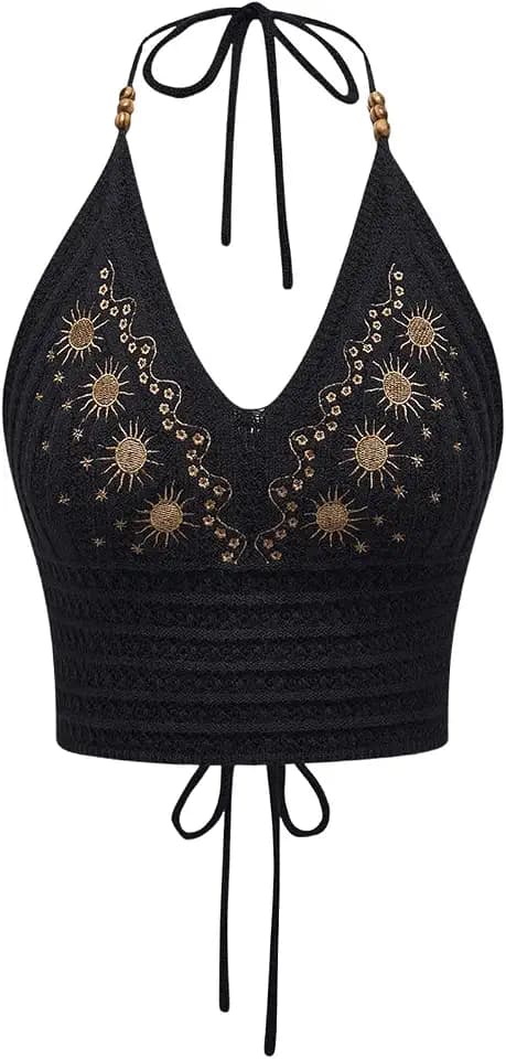 SHENHE Women's Crochet Top Boho Halter Crop Tops Tie Backless Hippie Top