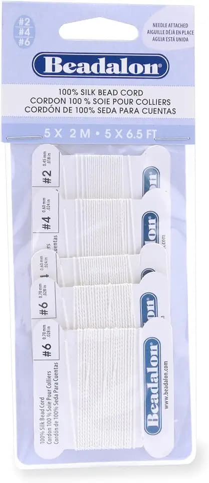 Beadalon Silk Thread, Variety Pack with Pre-Attached Beading Needle: White, 5 Pk - Size 2, 4, 6, Bead Thread for Knotting Pearls - Ideal Silk Cord for Jewelry Making
