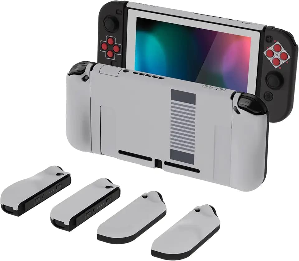 PlayVital AlterGrips Ergonomic Grips Cover for Nintendo Switch, [2 Design] Interchangeable Comfort Dockable Protective Case with Screen Protector & Thumb Grip Buttons Caps - Classics NES Style