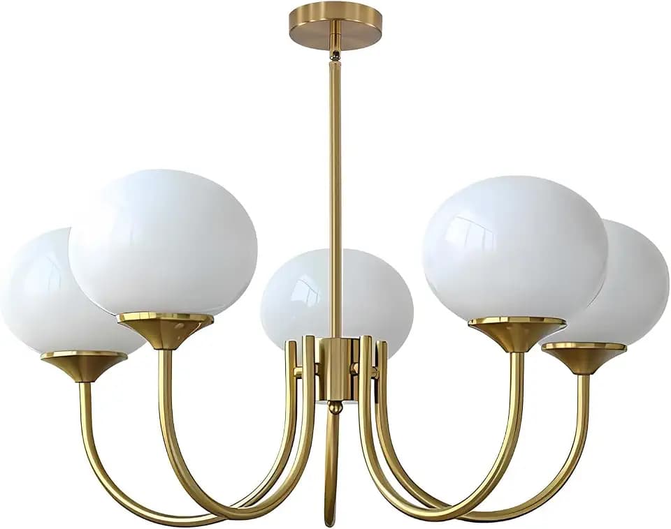 BOKT 5 Light Contemporary Milk White Glass Globe Chandelier Vintage Gold Sputnik Chandelier Light Fixture Adjustable Large Modern Brushed Brass Ball Sputnik Pendant Hanging Light Kitchen Island