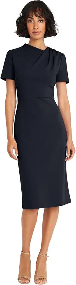 Maggy London Women's Chic Asymmetric Crew Neck Short Sleeve Below The Knee Womens Dresses