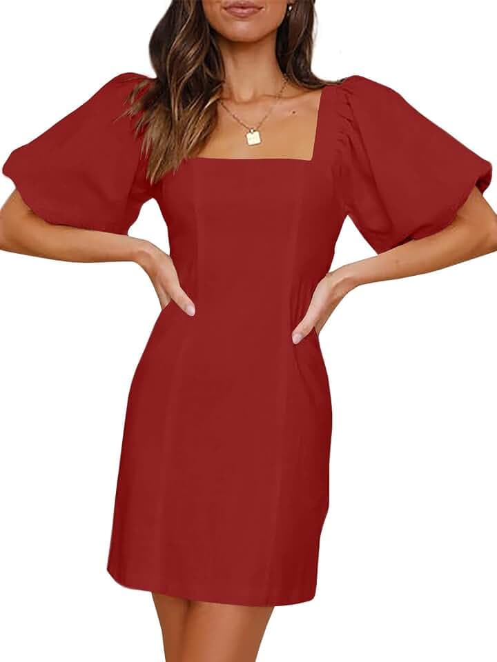 Women's Square Neck Short Puff Sleeves Mini Dresses Stretch Slim Casual Dress with Zipper