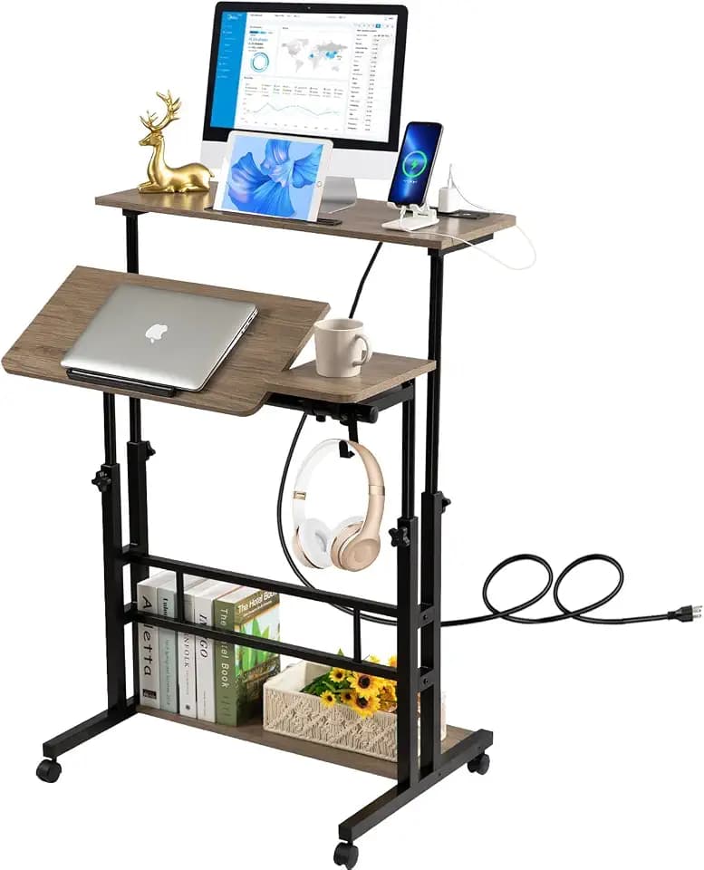 Hadulcet Rolling Stand Up Desk Adjustable Height - Portable Standing Desk with Wheels & Charging Station, Mobile Laptop Desk Small Standing Desk Drawing Table, Grey