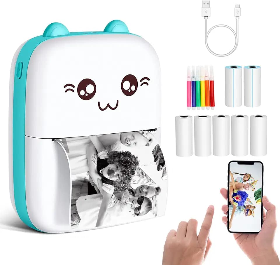 Mini Sticker Printer, Portable Thermal Printer with 7 Rolls Paper, Bluetooth Inkless Smart Printer Compatible with iOS & Android, Free Cut Small Pocket Printer for Notes, Pictures, Label, Memo (Blue)