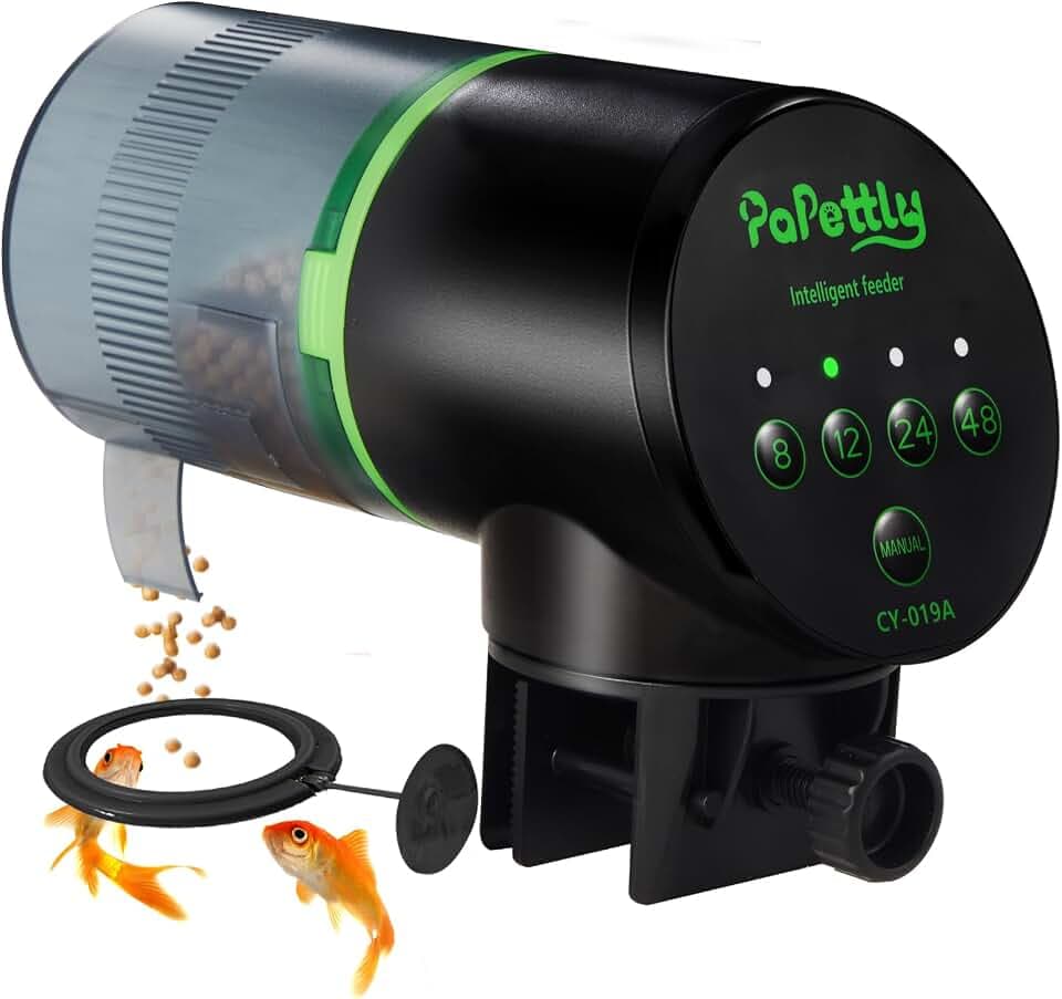 Papettly Futterautomat Aquarium, Automatischer Fischfutterautomat für Aquarium mit Batteriebetrieben, Fische Fischfutterspender 200ml, 2 AAA-Batterien im Lieferumfang enthalten, Fischfutterschwimmring