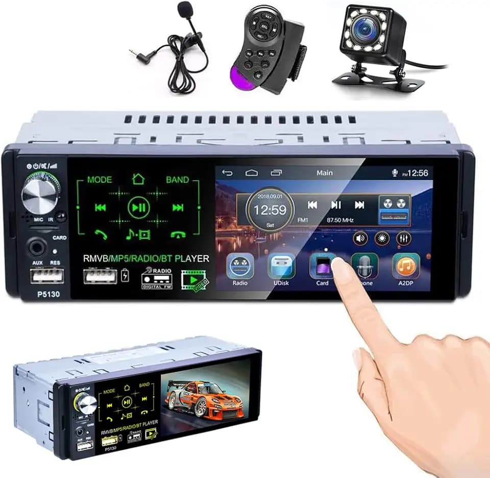 Hikity RDS FM AM Autoradio 1 Din Bluetooth Freisprecheinrichtung 4,1 Zoll Bildschirm Touch Display mit USB AUX TF MP5 für Android/IOS Auto Radio Rückfahrkamera Mikrofon