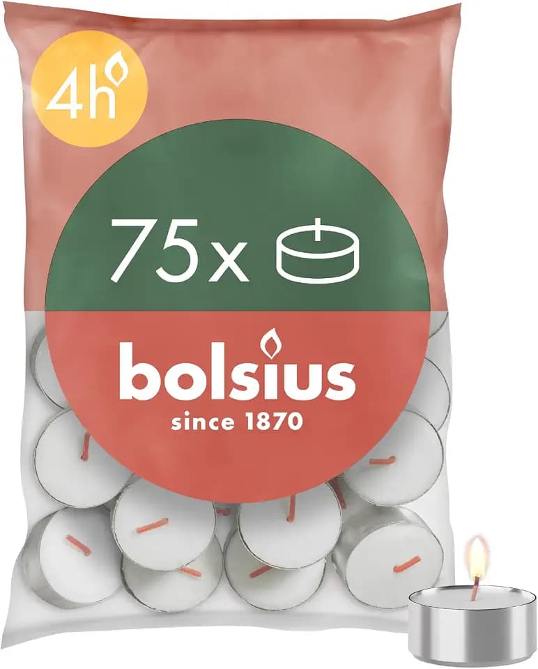 Bolsius D-light Teelichter - 75 Stück - im Beutel - Länge Brenndauer 4 Stunden - Dekorative Haushaltkerzen - Weiß - Enthält Natürliches Pflanzenwachs - Ohne Palmöl