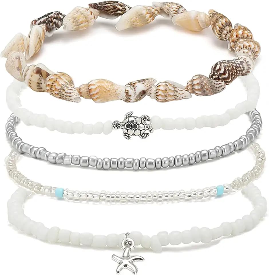 Ankle Bracelets for Women Stretch Boho Pearl Bead Gold Anklets Layered Sequins Foot Chain Hawaiian Beach Conch Summer Vacation Travel Foot Jewelry