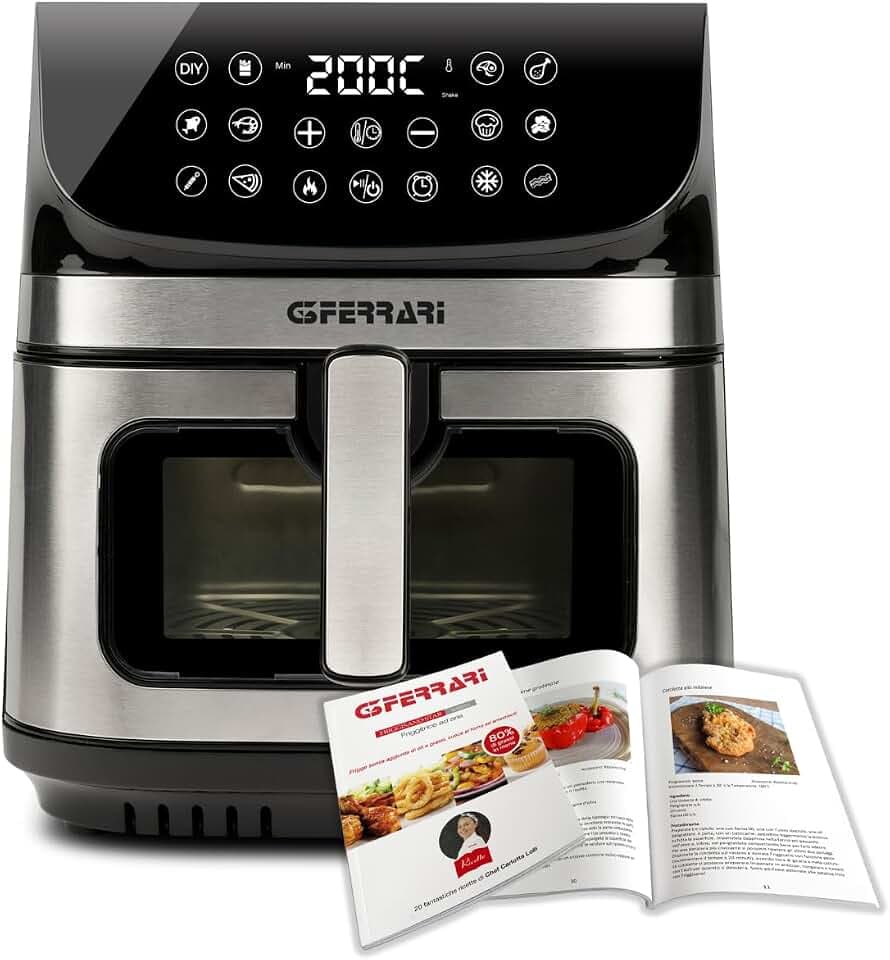G3 Ferrari G10215W Luftfritteuse Friggisano Star, 2200 W, XXL-Kapazität 9 l, doppelter Widerstand; digitales Display mit 12 Programmen; einstellbare Temperatur (80 °C bis 200 °C), Rezeptbuch