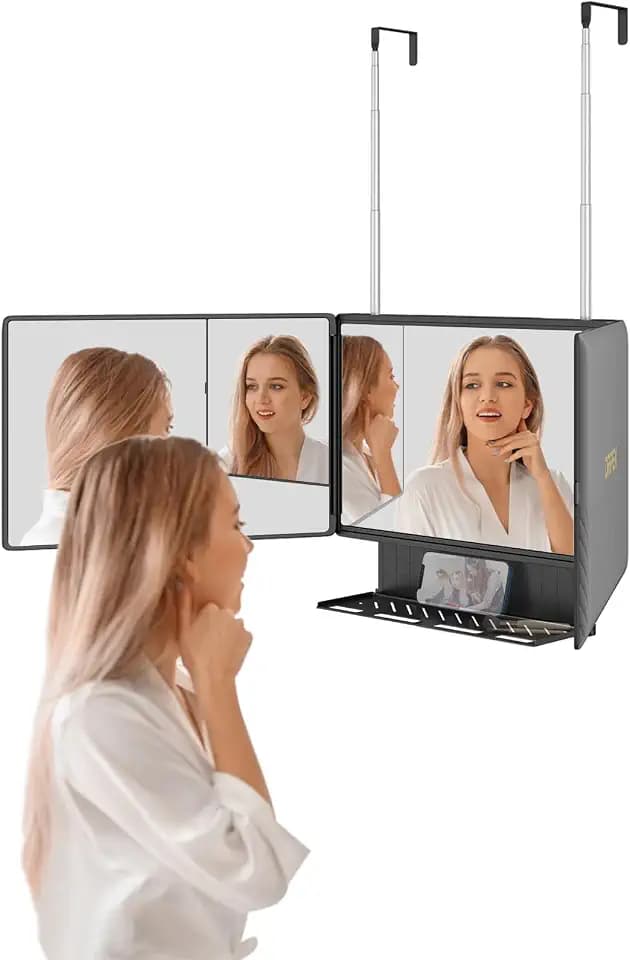 Dripex 3 Way Mirror with Storage Shelf, Trifold Self Haircut 360° Barber Mirror with Height Adjustable Hooks for Makeup, Styling, Shaving, Braiding, Dye Hair