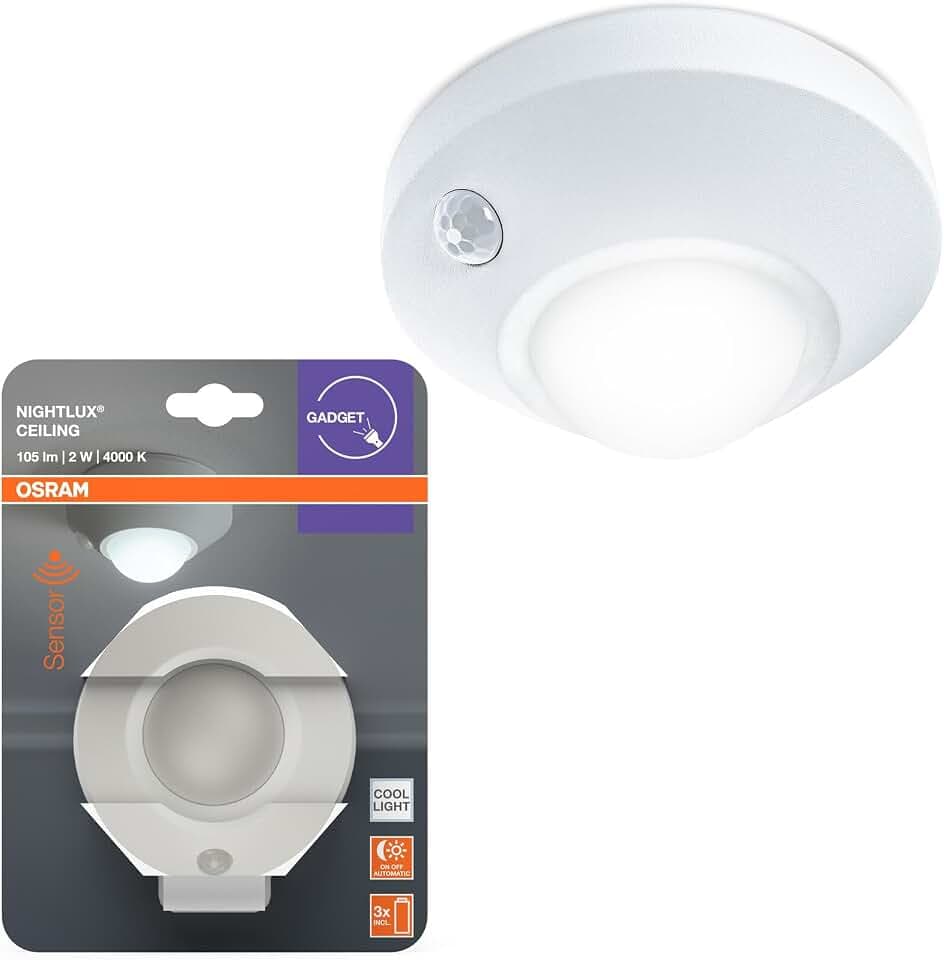Osram NIGHTLUX Ceiling Deckenleuchte, Weiß, Bewegungssensor, IP20, batteriebetrieben, 4000 K kaltweiß, ideal für Flure, Treppen und Innenräume