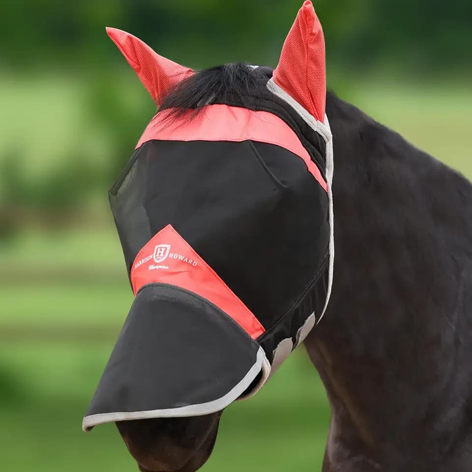 Harrison Howard Horse Fly Mask with Ears & Long Nose Cover, UV Protection, Fine Mesh Fly Mask for Horses, Large Eye Space & Soft Fleece Edging for Turnout & Grazing Orange/Black M