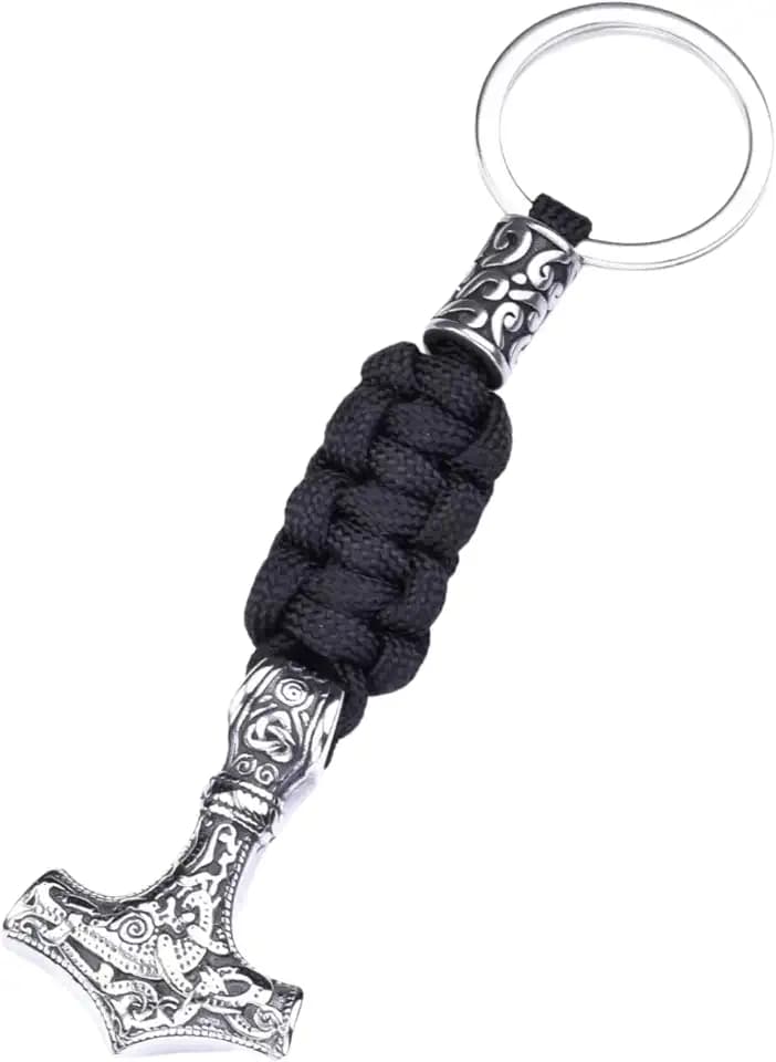 Schlüsselanhänger Thors Hammer Wikinger mit geflochtenem Band Odin Loki Drachen Sonne Mjölnir Blitz Gott Krieg kämpfer nordischer Auto Anhänger Symbol für Stärke Macht