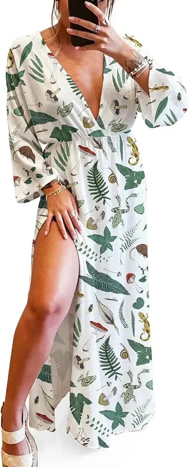 Women's Boho Deep V-Neck High Slit Maxi Dress Flowy Vintage Casual Dress for Beach Vacation