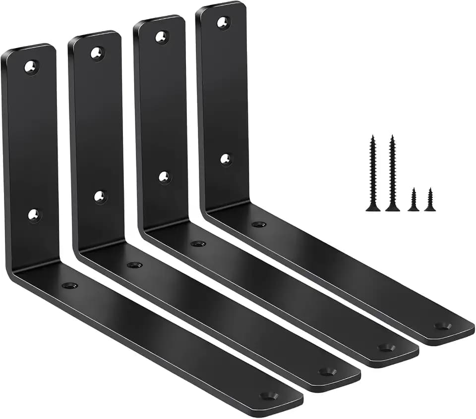 4 Pack - L 12" x H 8" x W1.5, 5mm Thick Black L Shelf Bracket, Iron Shelf Brackets, Metal Shelf Brackets, Floating Shelf, Shelf Supports with Screws