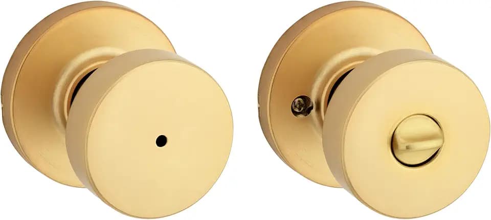 Kwikset Pismo Interior Privacy Door Knob with Lock, Door Handle for Bathroom and Bedroom, Satin Brass, Round, Keyless Turn Lock Doorknob