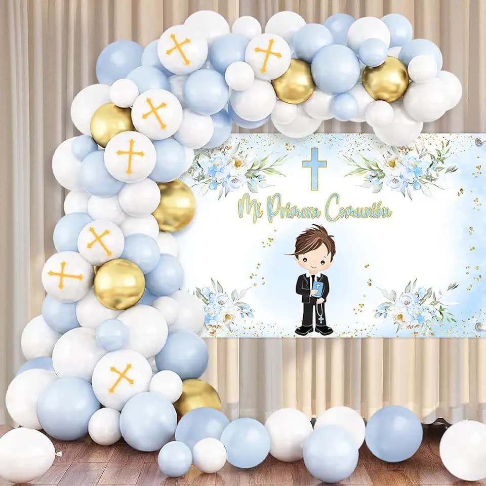 MEHOFOND Mi Primera Comunión Baptism Balloon Kit with Banner, First Holy Communion Blue and White Balloons, Christening Party Decorations for Boys, God Bless Baptism Party Set