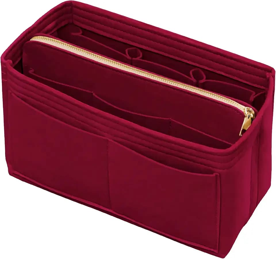 DailyPlus Purse Organizer Insert with Zipper Felt Bag Organizer Handbag Organizer Insert Bag in Bag Organizer with Key Chain for Tote Purse Bag Dark Red Medium