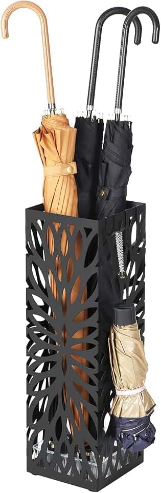 SONGMICS Umbrella Stand, Steel Square, Detachable Drip Tray, 4 Hooks