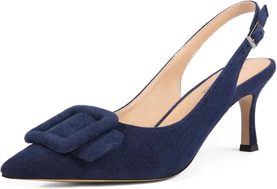 Womens Slingback Kitten Heels Closed Pointed Toe Sling Back Pumps Square Buckle Wedding Party Casual Dress Shoes