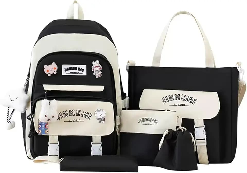 5Pcs Kawaii Cute Backpacks Combo Set with Bear Pendant Pins Patchwork Japanese Aesthetic Anime Bunny Daypack Bag Kit (Black)