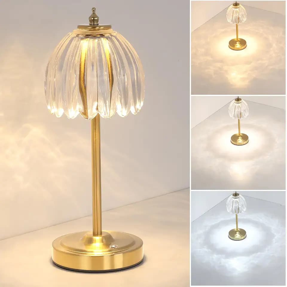Shenmoyl Tulip Table Lamp with 5000mAh Battery & Touch Control, Cordless Table Lamp with 3 Colors, Dimmable Rechargeable Table Lamps for Bedroom, Nightstand, Living Room, Entryways (Transparent Tulip)