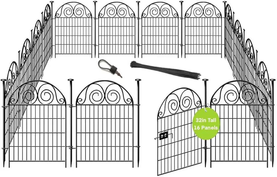 Getlay Tall Garden Animal Barrier Fencing with Gate, 32 in(H)×27 in(L) 16 Panels Dog Digging Fence Barrier, Black Metal Temporary Fence, Reusable Defense Fences for Outdoor Yard. Total 35 Ft│Patented
