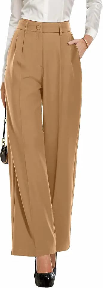 PrinStory Damen Hose Mit Weitem Bein Leichte Elastische Taille Sommer Hose Mit Taschen Kausale Büro Business Hosen
