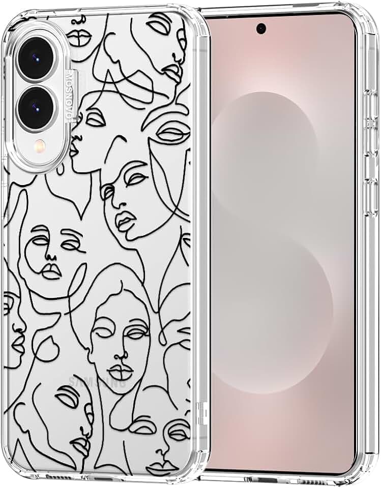MOSNOVO Case for Samsung Galaxy S25 Edge, [Buffertech 6.6ft Military-Grade Drop Protection] [Anti Peel Off Tech] Clear TPU Bumper Phone Case Cover Design - Abstract Face Line Art