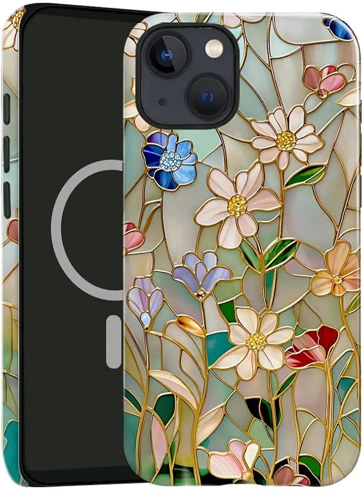 Case Compatible with iPhone 15,Compatible with MagSafe,Glossy Fall Prevention Hybrid 2-Layer Hard Shell Cases for Girls Boys,Stained Glass Bloom Flower
